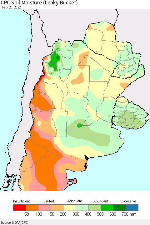 Southern South America CPC Soil Moisture (Leaky Bucket) Thematic Map For 2/16/2022 - 2/20/2022