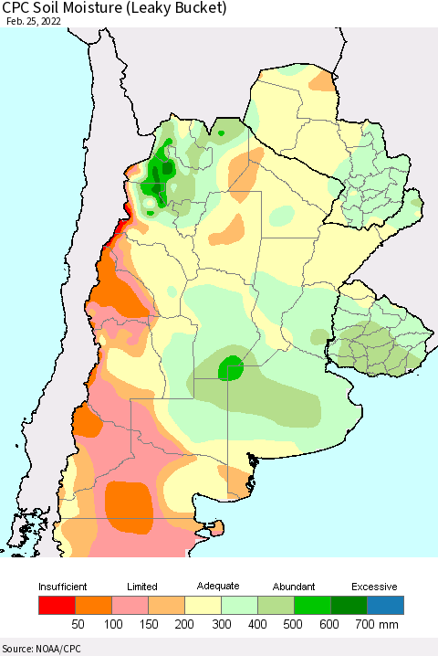 Southern South America CPC Soil Moisture (Leaky Bucket) Thematic Map For 2/21/2022 - 2/25/2022
