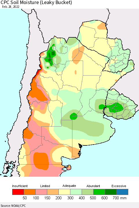 Southern South America CPC Soil Moisture (Leaky Bucket) Thematic Map For 2/26/2022 - 2/28/2022