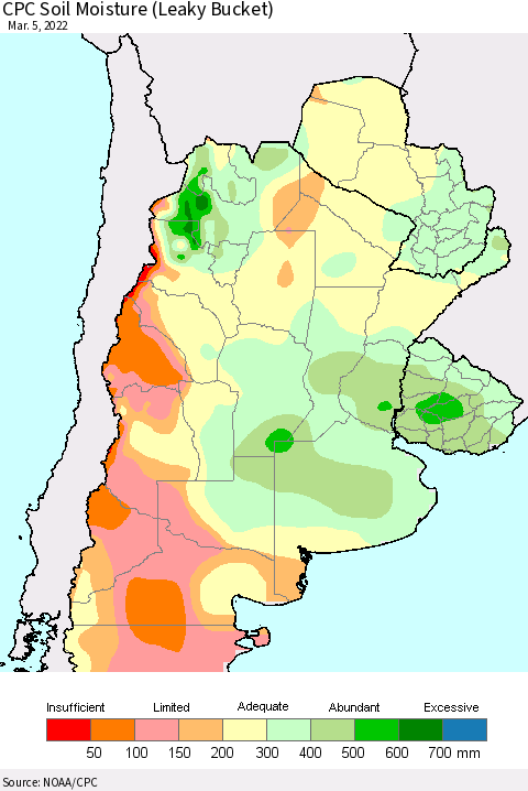 Southern South America CPC Soil Moisture (Leaky Bucket) Thematic Map For 3/1/2022 - 3/5/2022