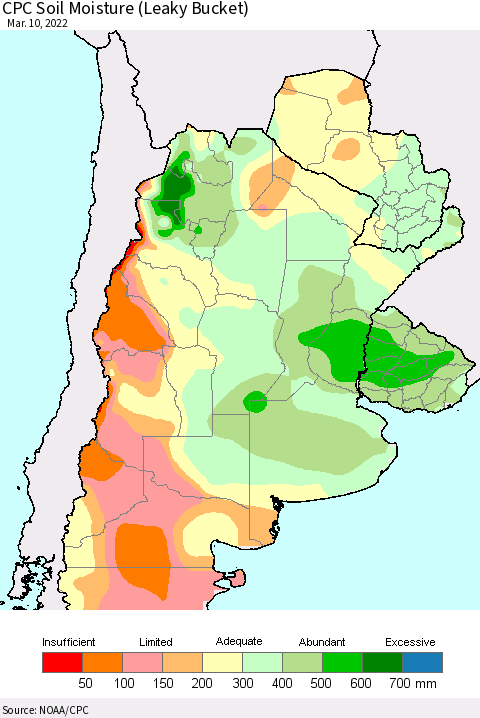 Southern South America CPC Soil Moisture (Leaky Bucket) Thematic Map For 3/6/2022 - 3/10/2022