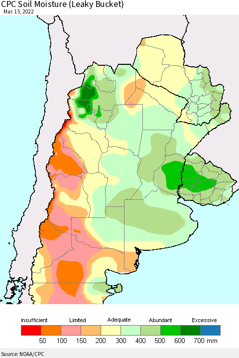 Southern South America CPC Soil Moisture (Leaky Bucket) Thematic Map For 3/11/2022 - 3/15/2022