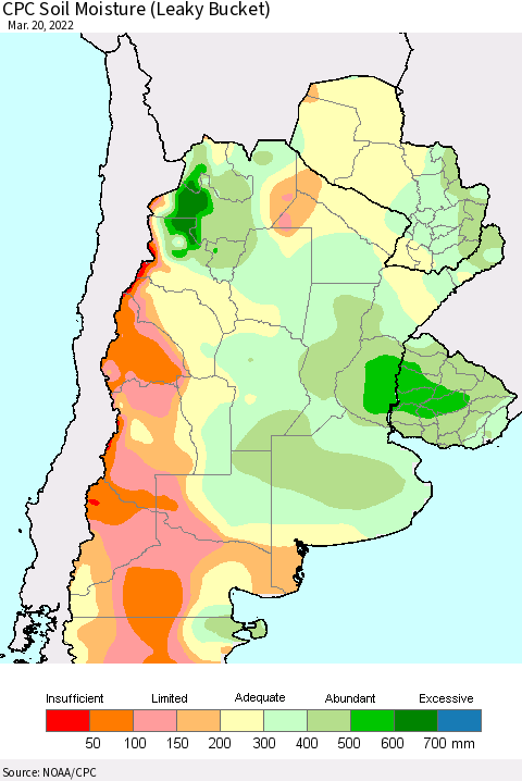 Southern South America CPC Soil Moisture (Leaky Bucket) Thematic Map For 3/16/2022 - 3/20/2022