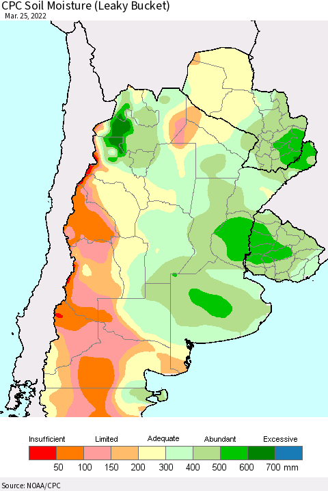 Southern South America CPC Soil Moisture (Leaky Bucket) Thematic Map For 3/21/2022 - 3/25/2022