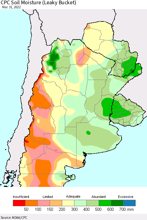 Southern South America CPC Soil Moisture (Leaky Bucket) Thematic Map For 3/26/2022 - 3/31/2022