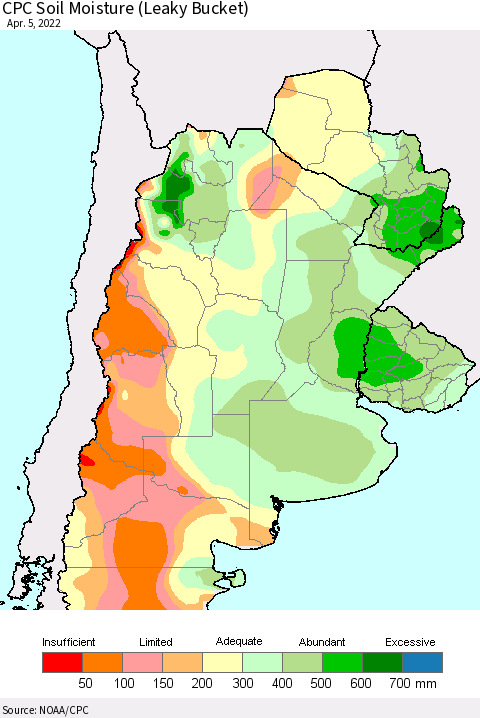Southern South America CPC Soil Moisture (Leaky Bucket) Thematic Map For 4/1/2022 - 4/5/2022