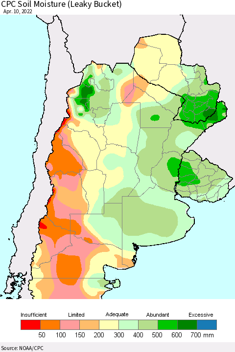 Southern South America CPC Soil Moisture (Leaky Bucket) Thematic Map For 4/6/2022 - 4/10/2022