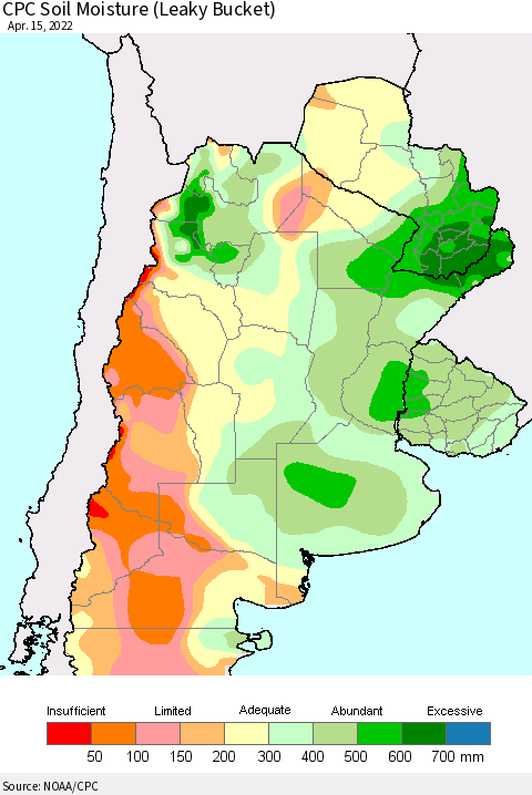 Southern South America CPC Soil Moisture (Leaky Bucket) Thematic Map For 4/11/2022 - 4/15/2022