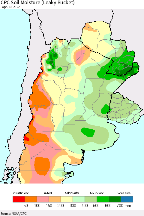 Southern South America CPC Soil Moisture (Leaky Bucket) Thematic Map For 4/16/2022 - 4/20/2022