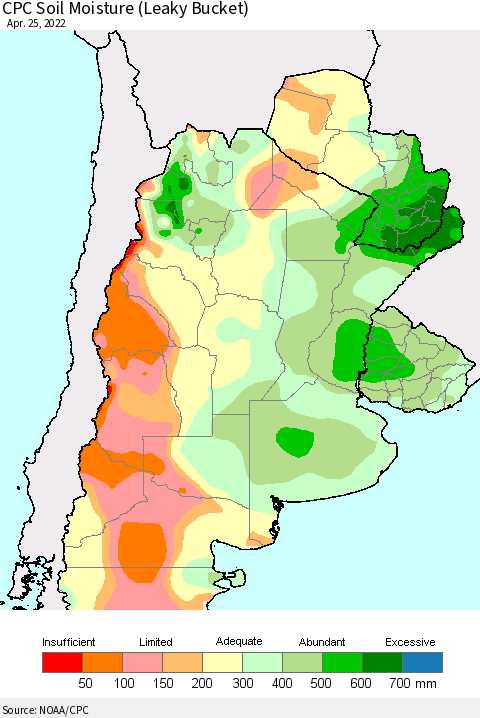 Southern South America CPC Soil Moisture (Leaky Bucket) Thematic Map For 4/21/2022 - 4/25/2022