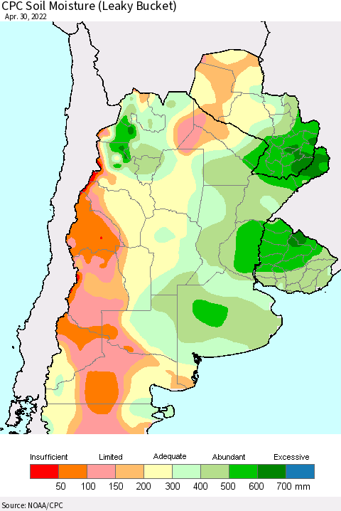 Southern South America CPC Soil Moisture (Leaky Bucket) Thematic Map For 4/26/2022 - 4/30/2022
