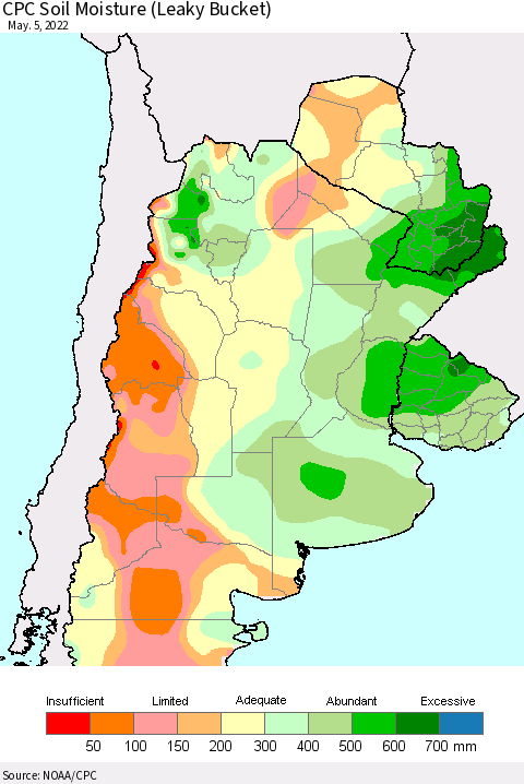 Southern South America CPC Soil Moisture (Leaky Bucket) Thematic Map For 5/1/2022 - 5/5/2022