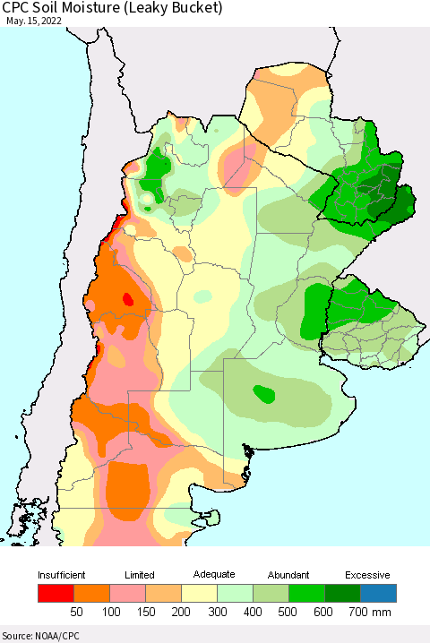 Southern South America CPC Soil Moisture (Leaky Bucket) Thematic Map For 5/11/2022 - 5/15/2022