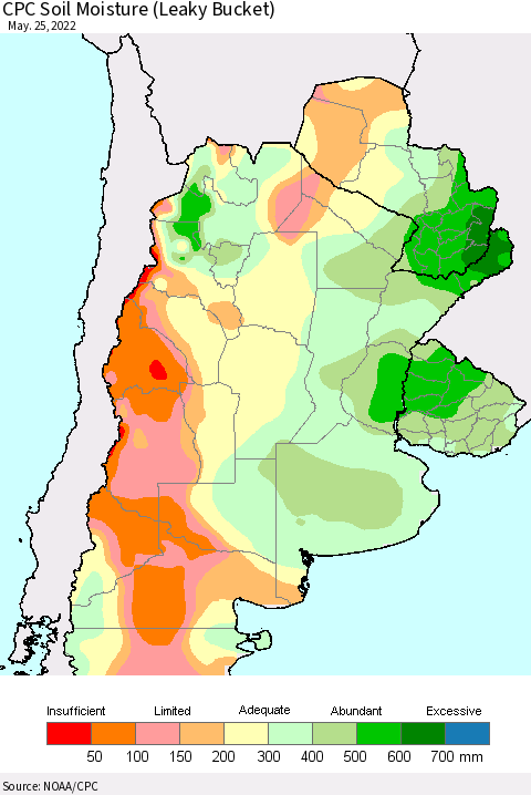 Southern South America CPC Soil Moisture (Leaky Bucket) Thematic Map For 5/21/2022 - 5/25/2022