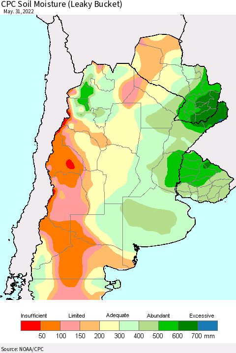 Southern South America CPC Soil Moisture (Leaky Bucket) Thematic Map For 5/26/2022 - 5/31/2022