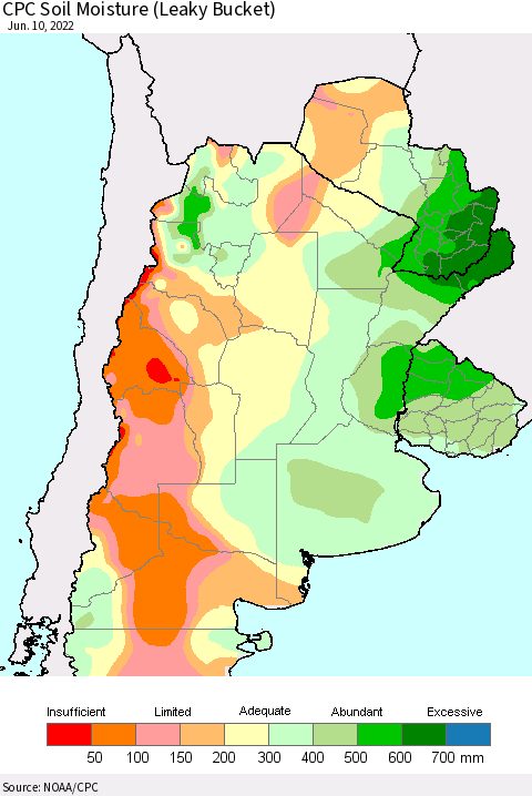 Southern South America CPC Soil Moisture (Leaky Bucket) Thematic Map For 6/6/2022 - 6/10/2022