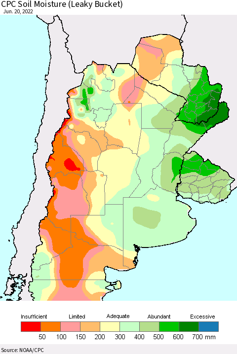 Southern South America CPC Soil Moisture (Leaky Bucket) Thematic Map For 6/16/2022 - 6/20/2022