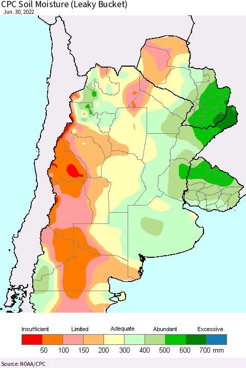 Southern South America CPC Soil Moisture (Leaky Bucket) Thematic Map For 6/26/2022 - 6/30/2022