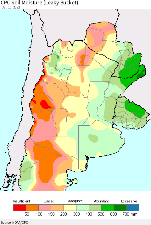 Southern South America CPC Soil Moisture (Leaky Bucket) Thematic Map For 7/6/2022 - 7/10/2022