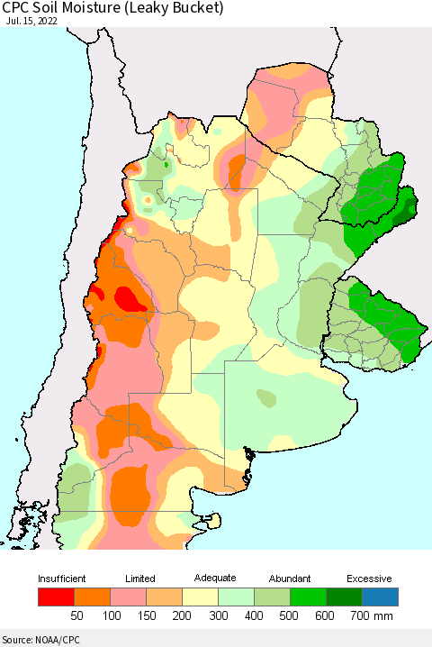 Southern South America CPC Soil Moisture (Leaky Bucket) Thematic Map For 7/11/2022 - 7/15/2022