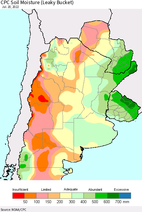 Southern South America CPC Soil Moisture (Leaky Bucket) Thematic Map For 7/16/2022 - 7/20/2022