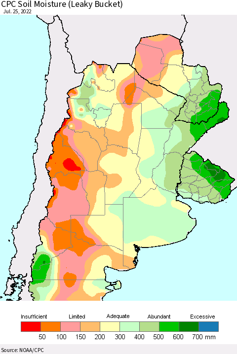 Southern South America CPC Soil Moisture (Leaky Bucket) Thematic Map For 7/21/2022 - 7/25/2022