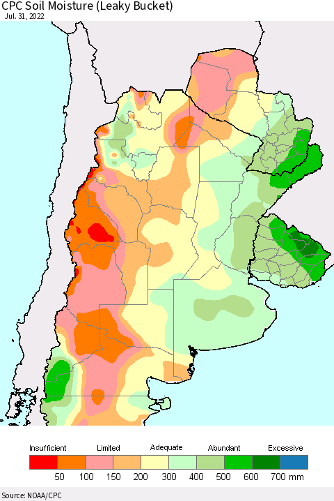 Southern South America CPC Soil Moisture (Leaky Bucket) Thematic Map For 7/26/2022 - 7/31/2022