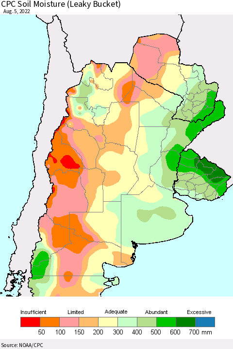 Southern South America CPC Soil Moisture (Leaky Bucket) Thematic Map For 8/1/2022 - 8/5/2022