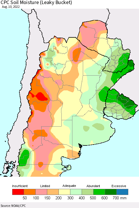 Southern South America CPC Soil Moisture (Leaky Bucket) Thematic Map For 8/6/2022 - 8/10/2022