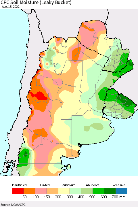 Southern South America CPC Soil Moisture (Leaky Bucket) Thematic Map For 8/11/2022 - 8/15/2022