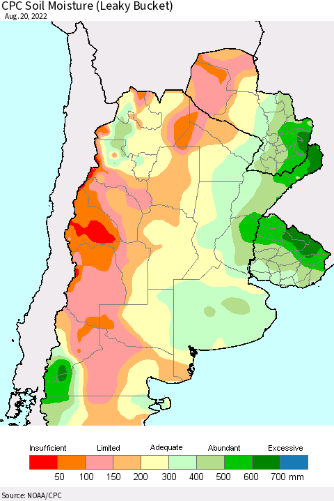 Southern South America CPC Soil Moisture (Leaky Bucket) Thematic Map For 8/16/2022 - 8/20/2022