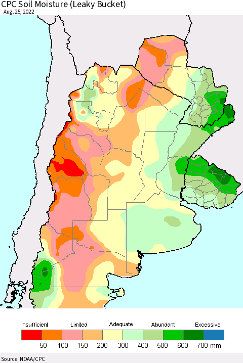 Southern South America CPC Soil Moisture (Leaky Bucket) Thematic Map For 8/21/2022 - 8/25/2022
