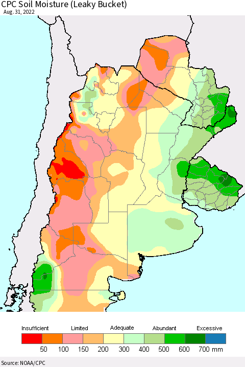 Southern South America CPC Soil Moisture (Leaky Bucket) Thematic Map For 8/26/2022 - 8/31/2022
