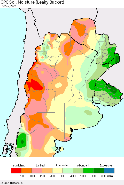 Southern South America CPC Soil Moisture (Leaky Bucket) Thematic Map For 9/1/2022 - 9/5/2022