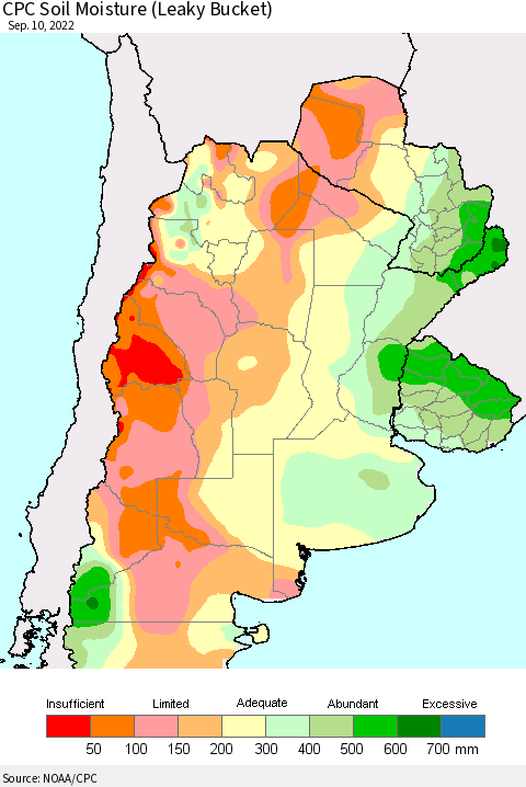 Southern South America CPC Soil Moisture (Leaky Bucket) Thematic Map For 9/6/2022 - 9/10/2022