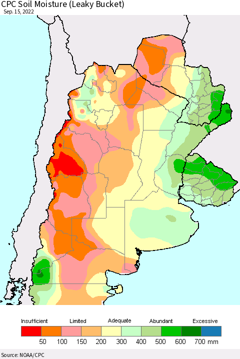 Southern South America CPC Soil Moisture (Leaky Bucket) Thematic Map For 9/11/2022 - 9/15/2022