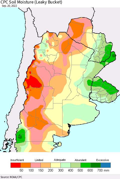 Southern South America CPC Soil Moisture (Leaky Bucket) Thematic Map For 9/16/2022 - 9/20/2022