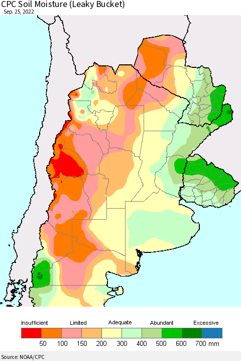 Southern South America CPC Soil Moisture (Leaky Bucket) Thematic Map For 9/21/2022 - 9/25/2022