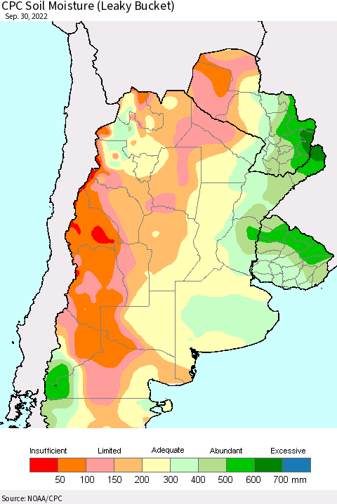 Southern South America CPC Soil Moisture (Leaky Bucket) Thematic Map For 9/26/2022 - 9/30/2022