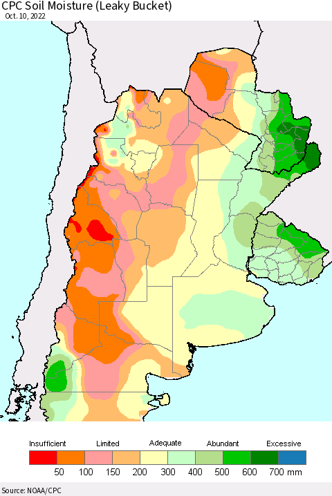 Southern South America CPC Soil Moisture (Leaky Bucket) Thematic Map For 10/6/2022 - 10/10/2022