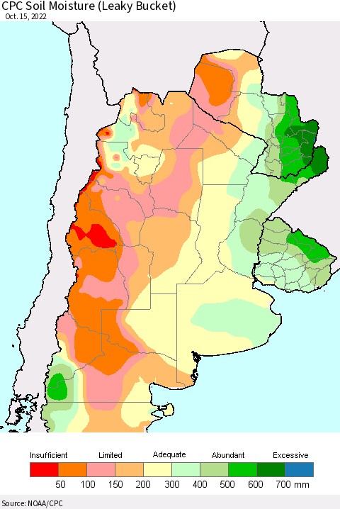 Southern South America CPC Soil Moisture (Leaky Bucket) Thematic Map For 10/11/2022 - 10/15/2022