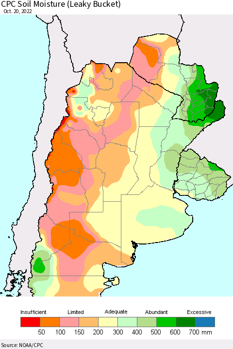 Southern South America CPC Soil Moisture (Leaky Bucket) Thematic Map For 10/16/2022 - 10/20/2022