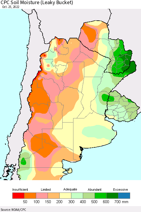 Southern South America CPC Soil Moisture (Leaky Bucket) Thematic Map For 10/21/2022 - 10/25/2022