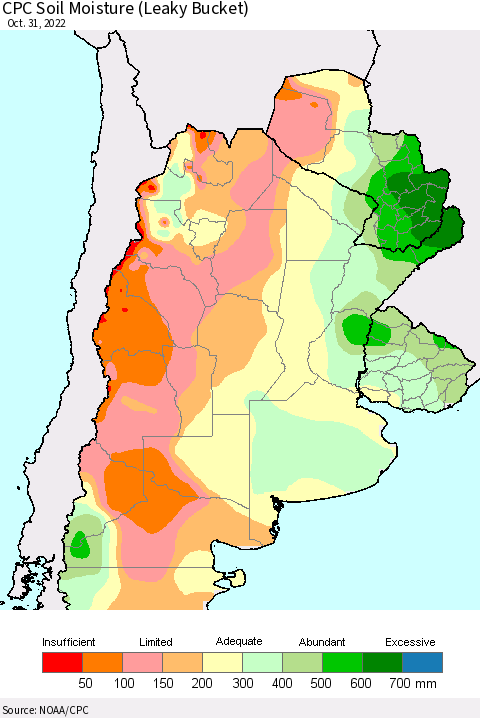 Southern South America CPC Soil Moisture (Leaky Bucket) Thematic Map For 10/26/2022 - 10/31/2022