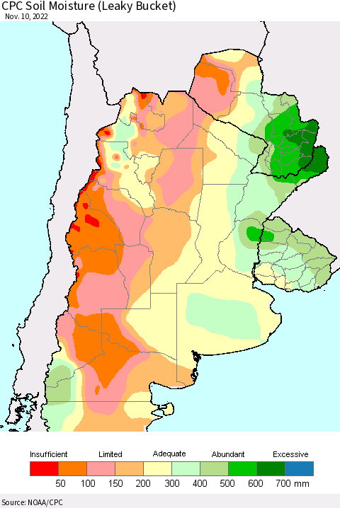 Southern South America CPC Soil Moisture (Leaky Bucket) Thematic Map For 11/6/2022 - 11/10/2022