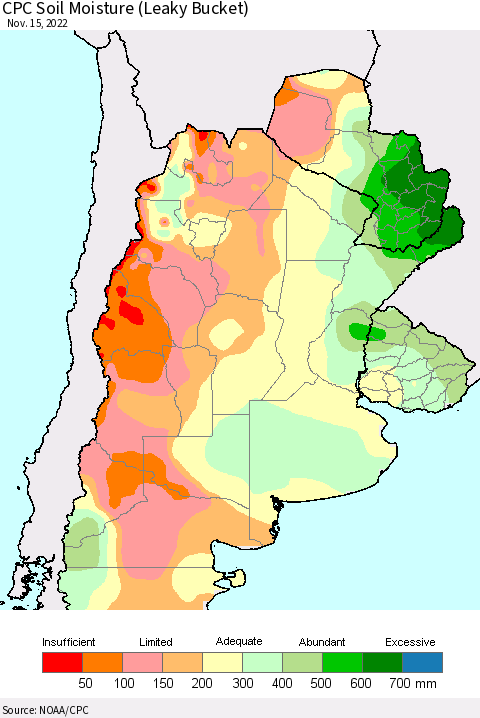 Southern South America CPC Soil Moisture (Leaky Bucket) Thematic Map For 11/11/2022 - 11/15/2022
