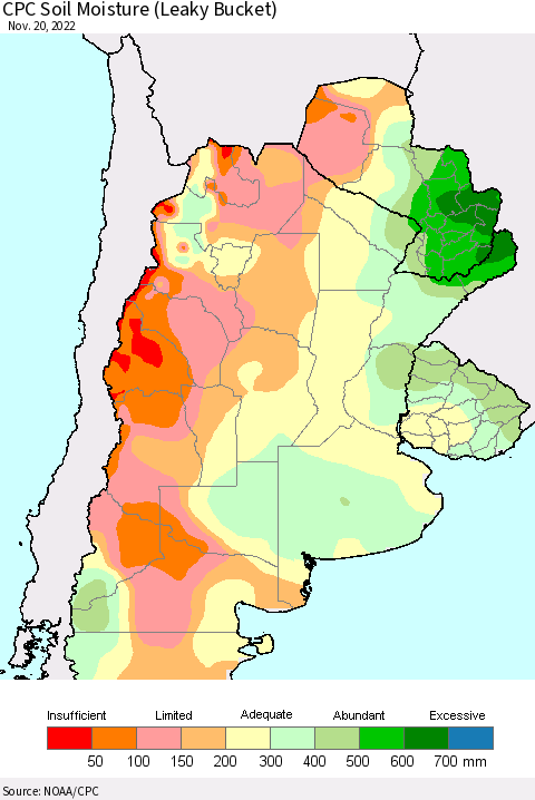 Southern South America CPC Soil Moisture (Leaky Bucket) Thematic Map For 11/16/2022 - 11/20/2022
