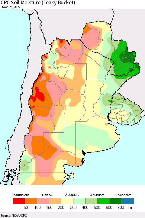 Southern South America CPC Soil Moisture (Leaky Bucket) Thematic Map For 11/21/2022 - 11/25/2022