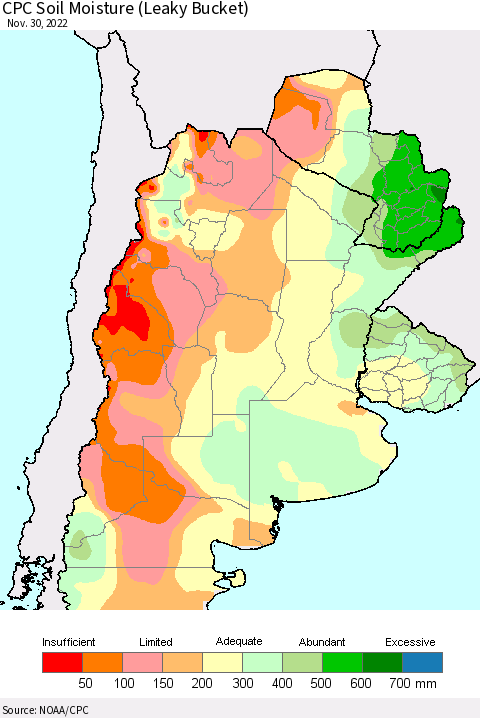 Southern South America CPC Soil Moisture (Leaky Bucket) Thematic Map For 11/26/2022 - 11/30/2022
