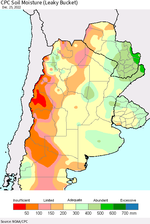 Southern South America CPC Soil Moisture (Leaky Bucket) Thematic Map For 12/21/2022 - 12/25/2022